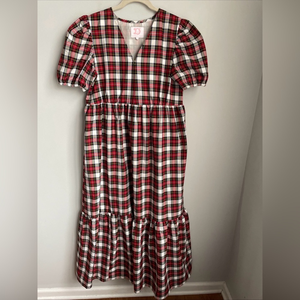 Victoria Dunn Red Plaid Short Sleeve Maxi Dress Size Small